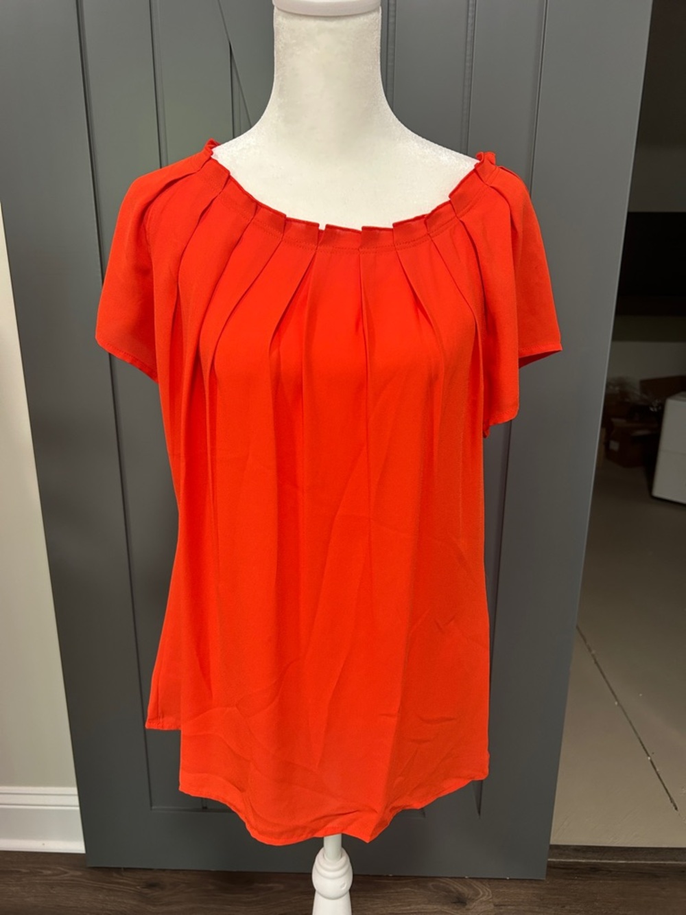 LOFT Bright Orange Pleated Short-Sleeve Blouse